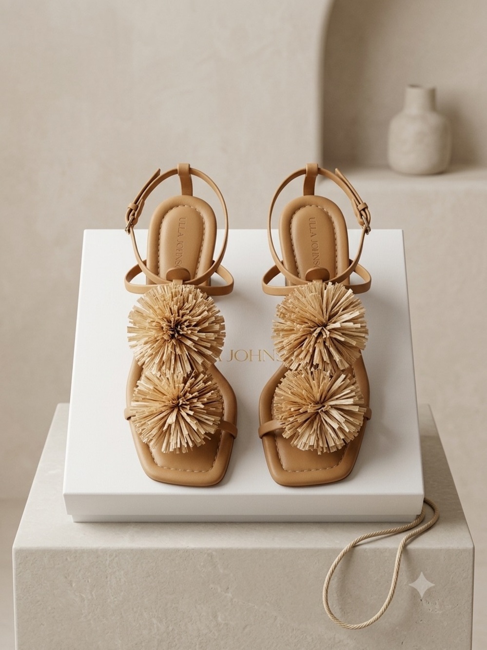 Ulla Johnson Tan Raffia Pom-Pom Leather Ankle-Strap Sandals